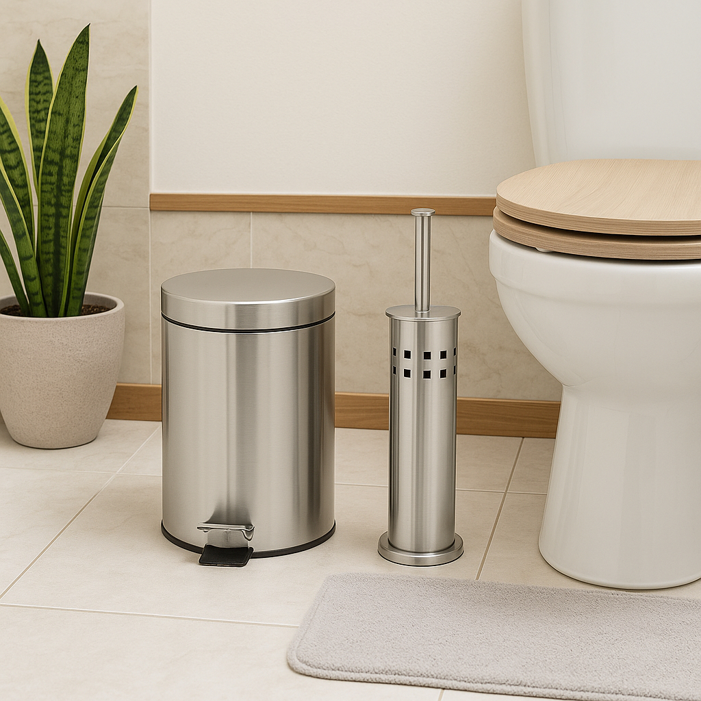 Lixeira de Aço Inox 3 e 5 Litros com cesto removível, com Escova Sanitária e Suporte para banheiro