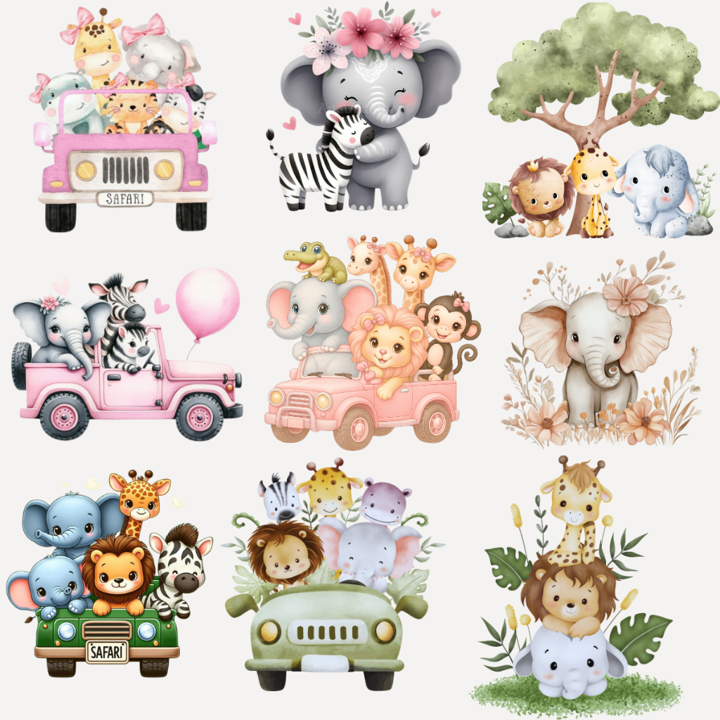 9 Bichinhos Personagem SafariTermocolante Aplique Estampado para Tecido Personalizar e Estampar Roupas com ferro