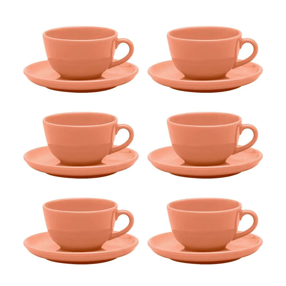 Jogo 6 Xícaras Grandes 200 Ml Com Pires Flat Apricot Oxford Chá Café Chocolate Quente