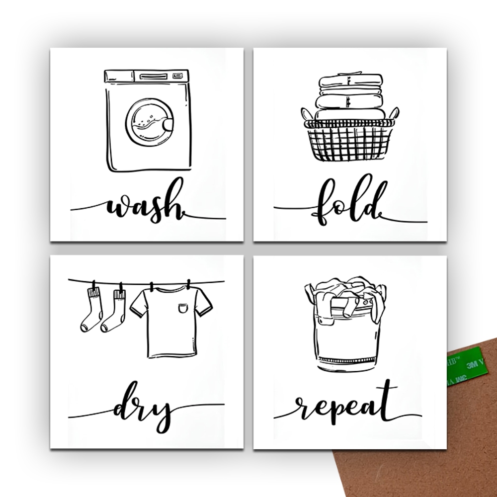 Kit com até  4 QUADROS para lavanderia, roupas sujas, roupa no varal, decoração máquina de lavar 20x20cm 3mm