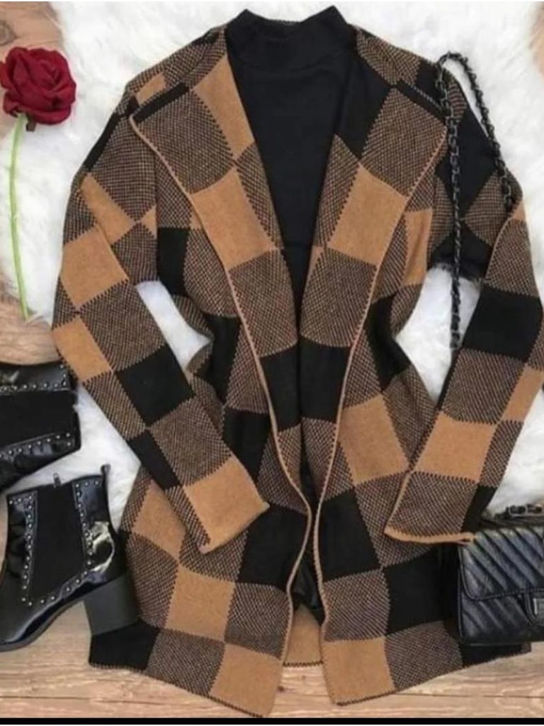Kimono Casaco Feminino Cardigan Estampa Xadrez  Tricot blusa frio