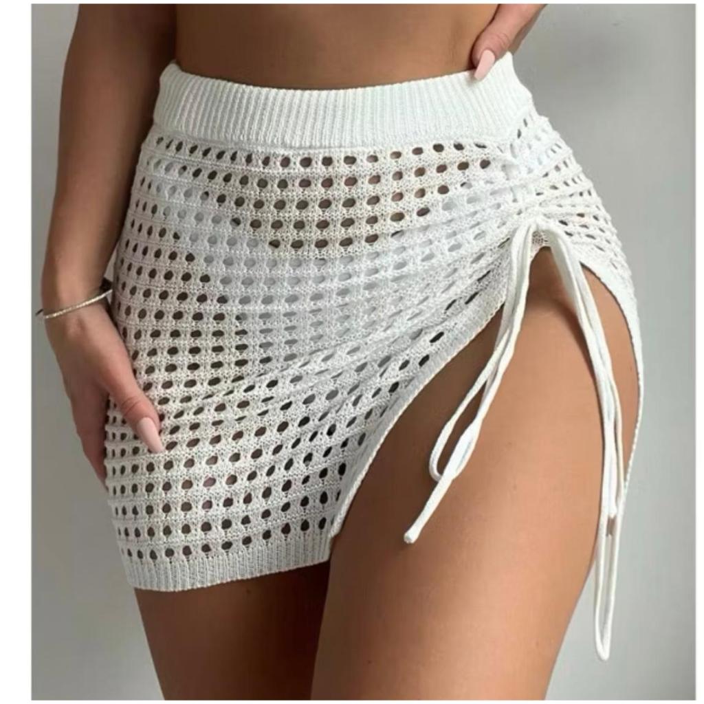 Saía Fenda Aberta Lateral Tricot Curta Feminina Tricot Verão Moda Praia Crochê - Ruiva Malhas