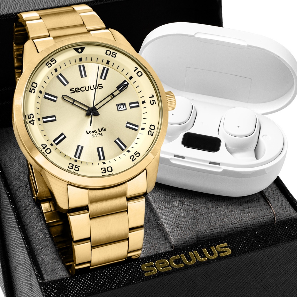 Kit Relógio Seculus Masculino Long Life com Fone Bluetooth 20786GPSVDA2K5