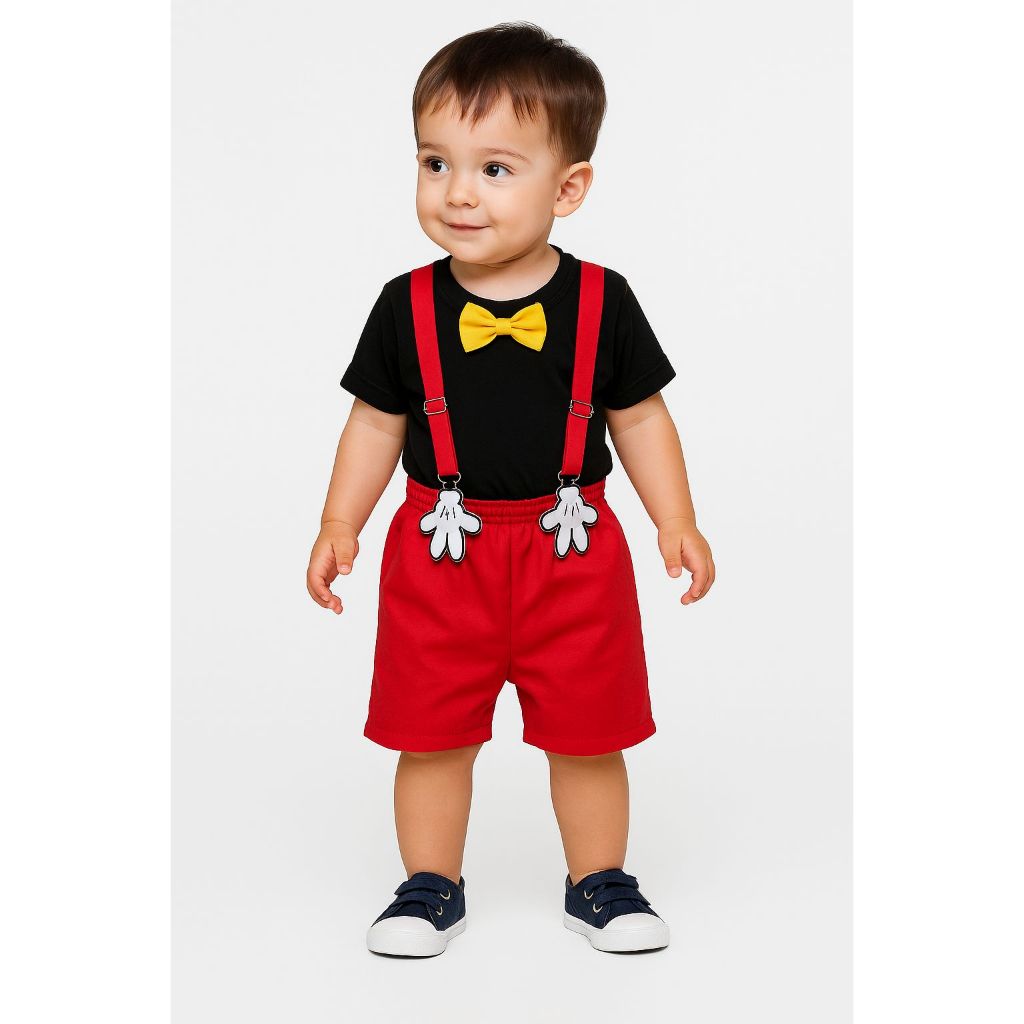 Conjunto Infantil Bebê Menino Roupa Festa Aniversário C/ Camiseta Gravata Suspensório e Shorts Tema Mickey 1 Ao 3