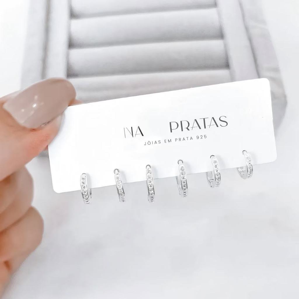 Trio brinco de argola redondo zirconia prata 925 em Oferta na Shopee