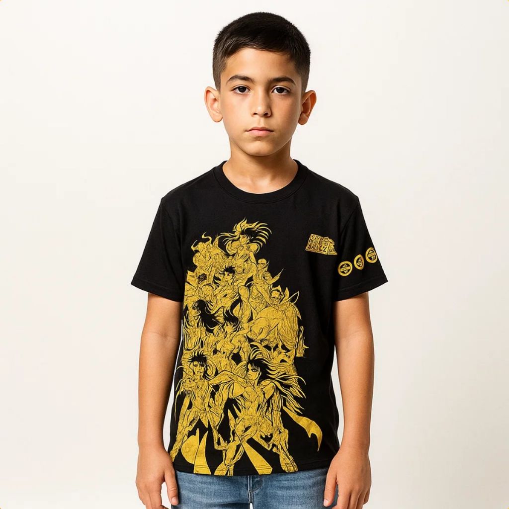 Camiseta Cavaleiros do Zodíaco Infantil Tam 10 – Estampa Dourada Frente e Costas | Produto Original