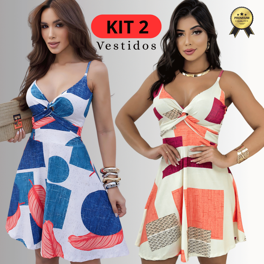 Kit 2 Vestidos Feminino Com Bojo Estampado Soltinho Curto