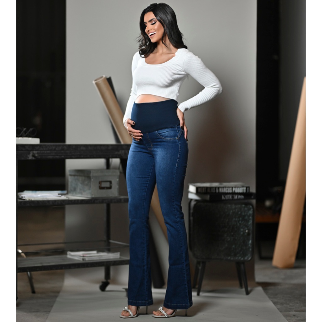 Calça Jeans Flare Para Grávida Cós Adaptável c/Elastano Gestante