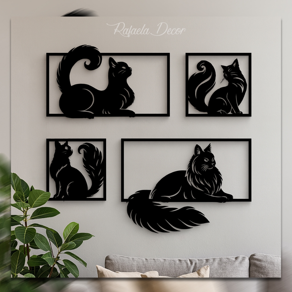 Quadros Decorativos de Gatos em MDF – Conjunto com 4 Peças Estilo Silhueta