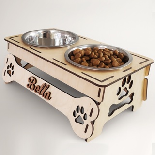 Comedouro Duplo Personalizado em MDF com Tigelas de Inox para Gatos - Estilo Pet Moderno em Oferta na Shopee
