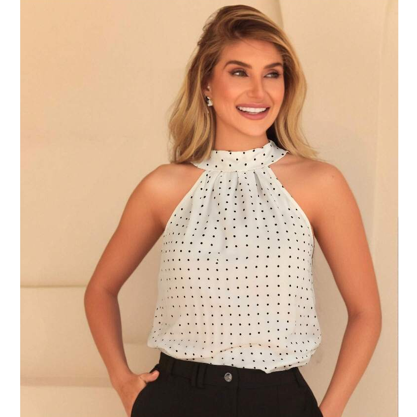 Blusa Regata Feminina Estampada de Bolinhas – Moda Casual Chic com Gola Alta poá