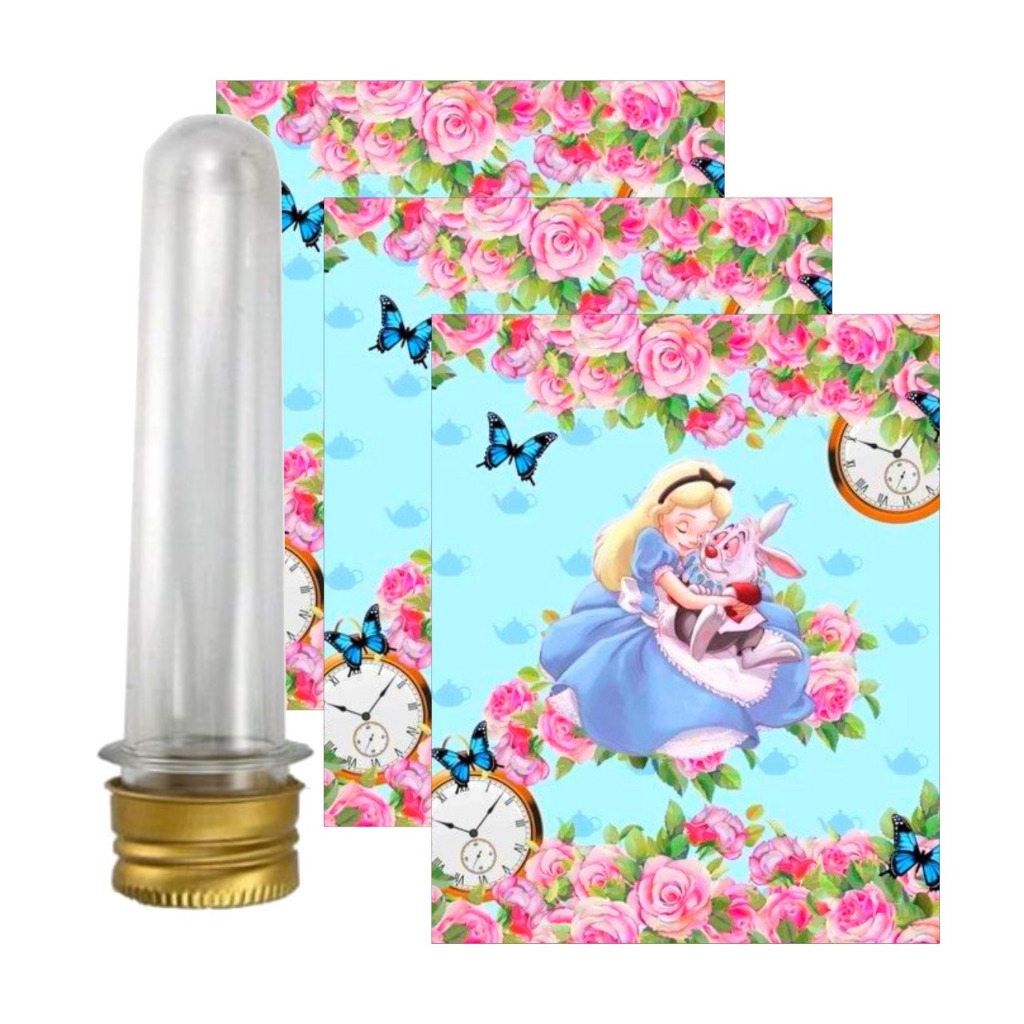 Tubete Acrílico + Aplique Adesivo Alice AQUARELA - VÁRIAS CORES Decoração Aniversário Lembrancinha