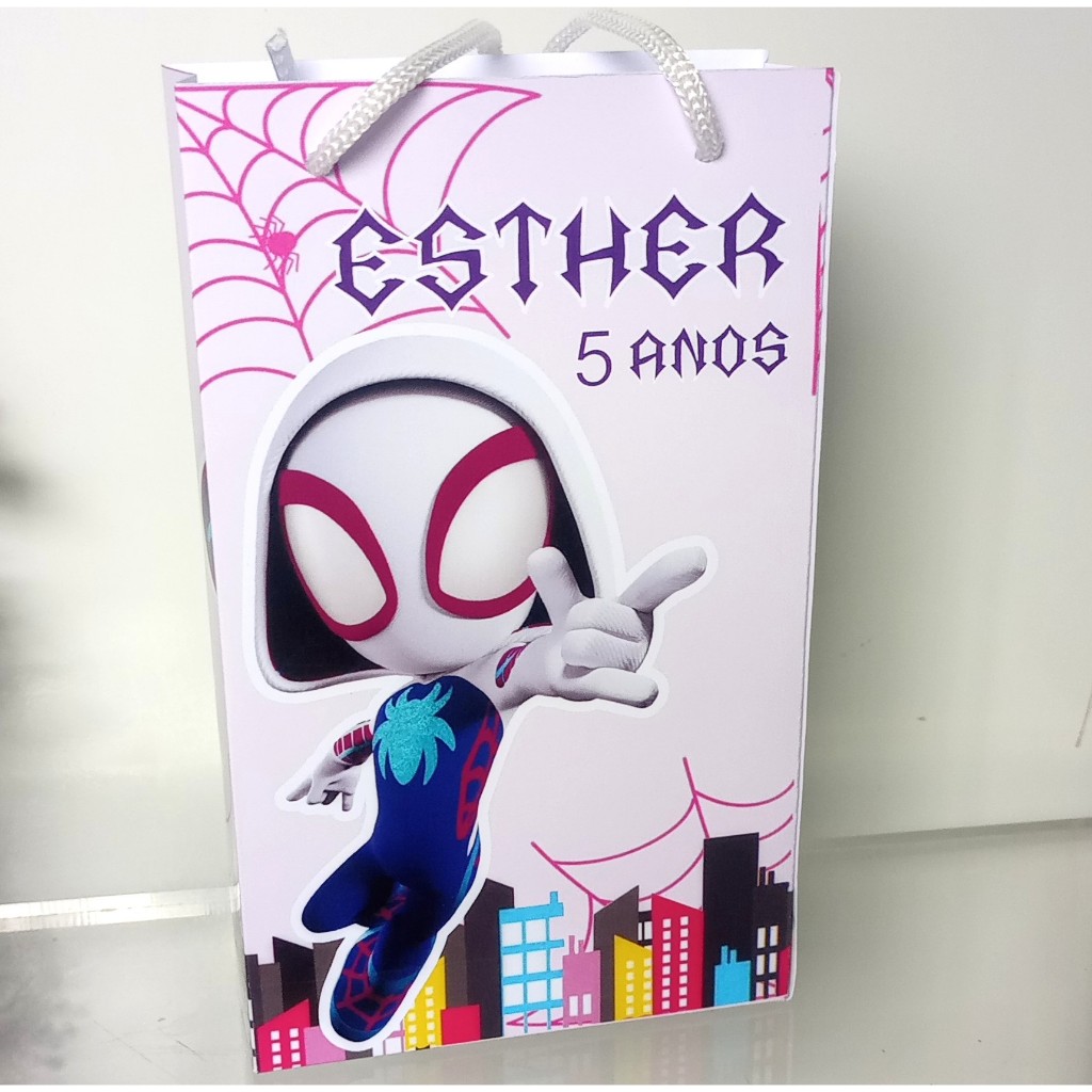 SACOLINHA PERSONALIZADA PARA LEMBRANCINHA DE FESTA/ANIVERSÁRIO - SPIDER GWEN/MULHER ARANHA.