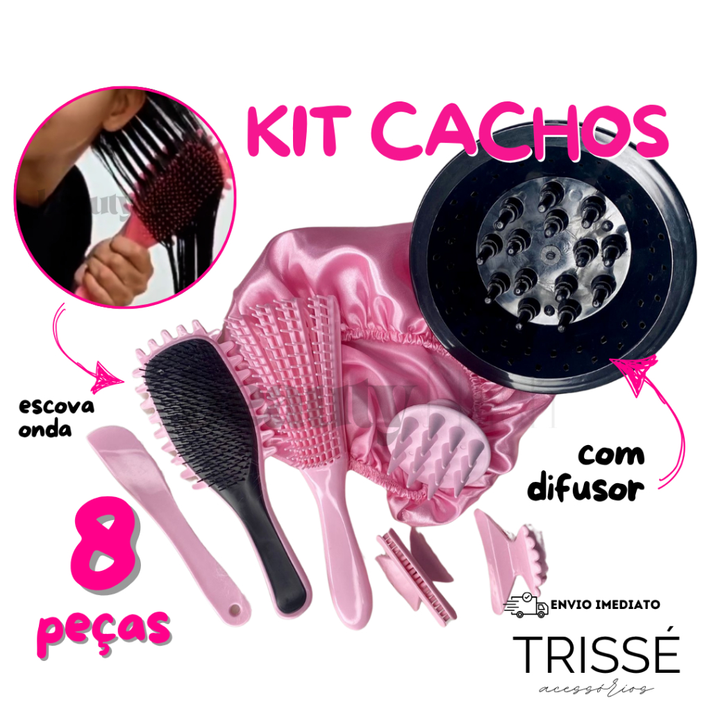Kit Cachos Beauty Flash Escova Finalizadora Difusor Definição e Finalização Cabelo Cacheado Crespo