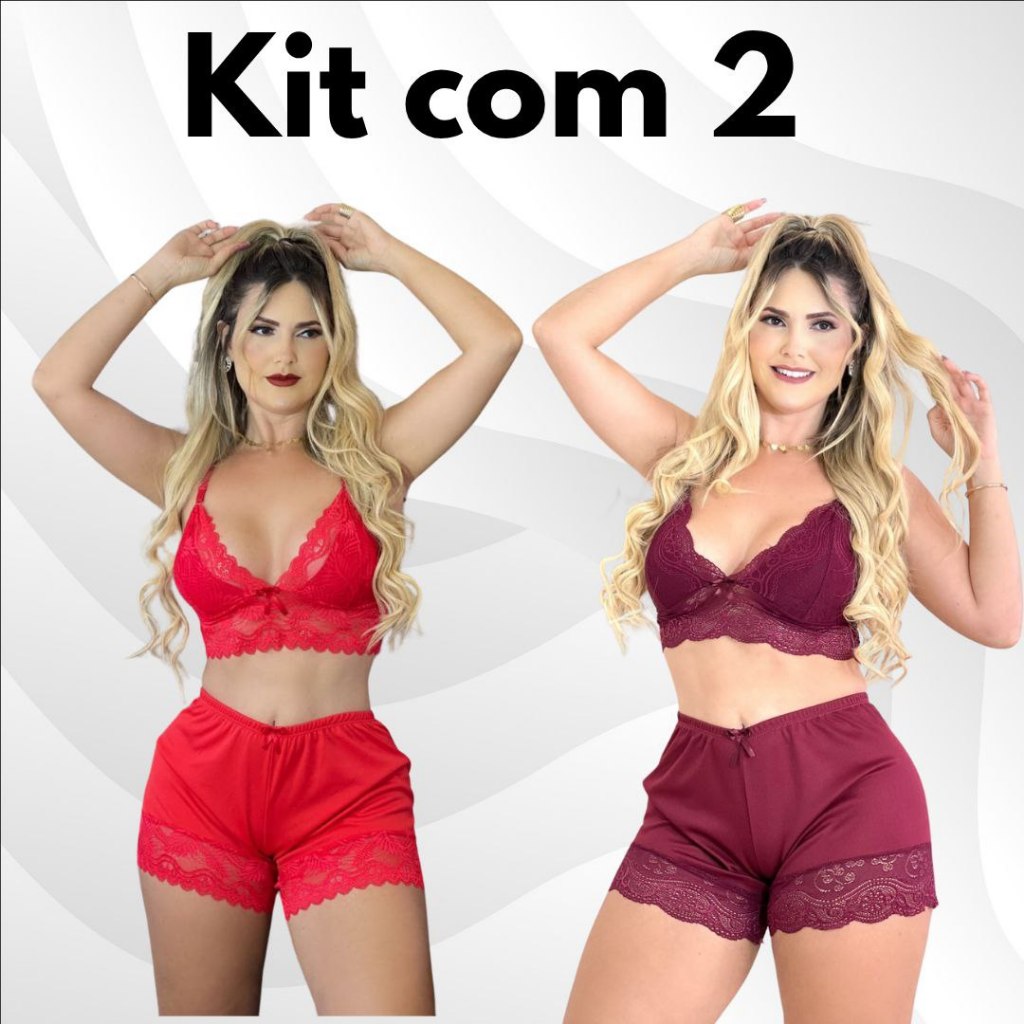 Kit 2 Baby Doll Luxo Feminino Detalhes Em Renda Short e Cropped com Forro No Busto