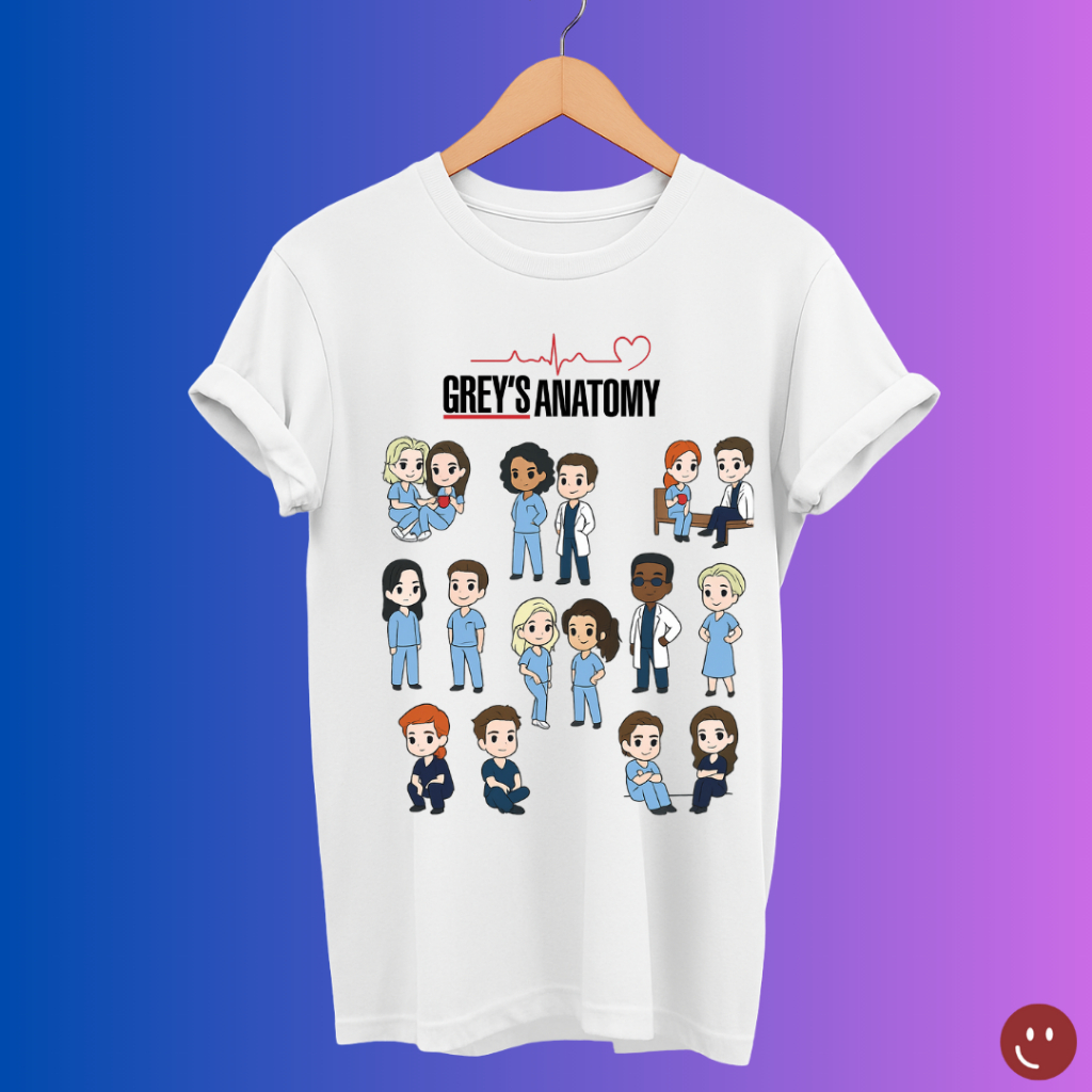 Camiseta Grey’s Anatomy Chibi | Estampa Fofa de Personagens | Unissex