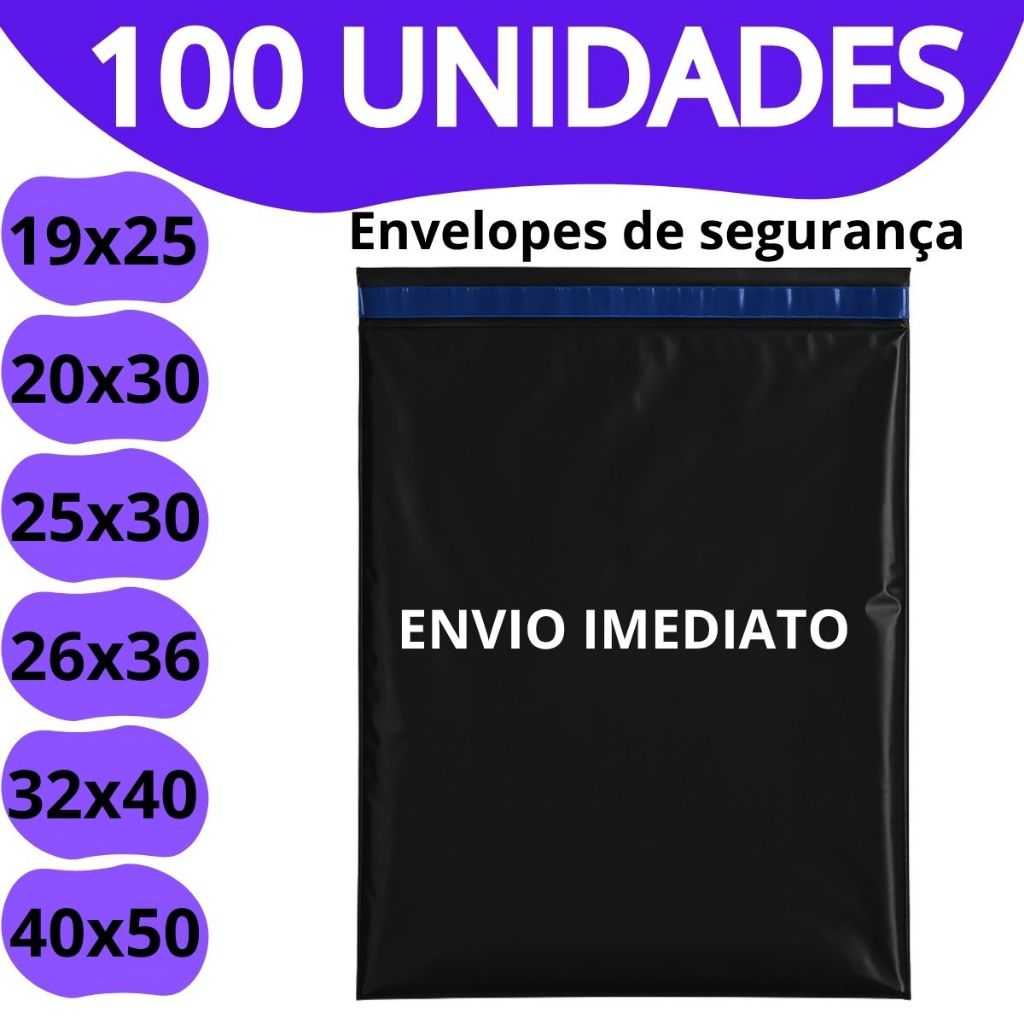 Envelope de Segurança 100 unidades embalagem correio preta - 19x25 20x30 25x30 26x36 36x40 40x50
