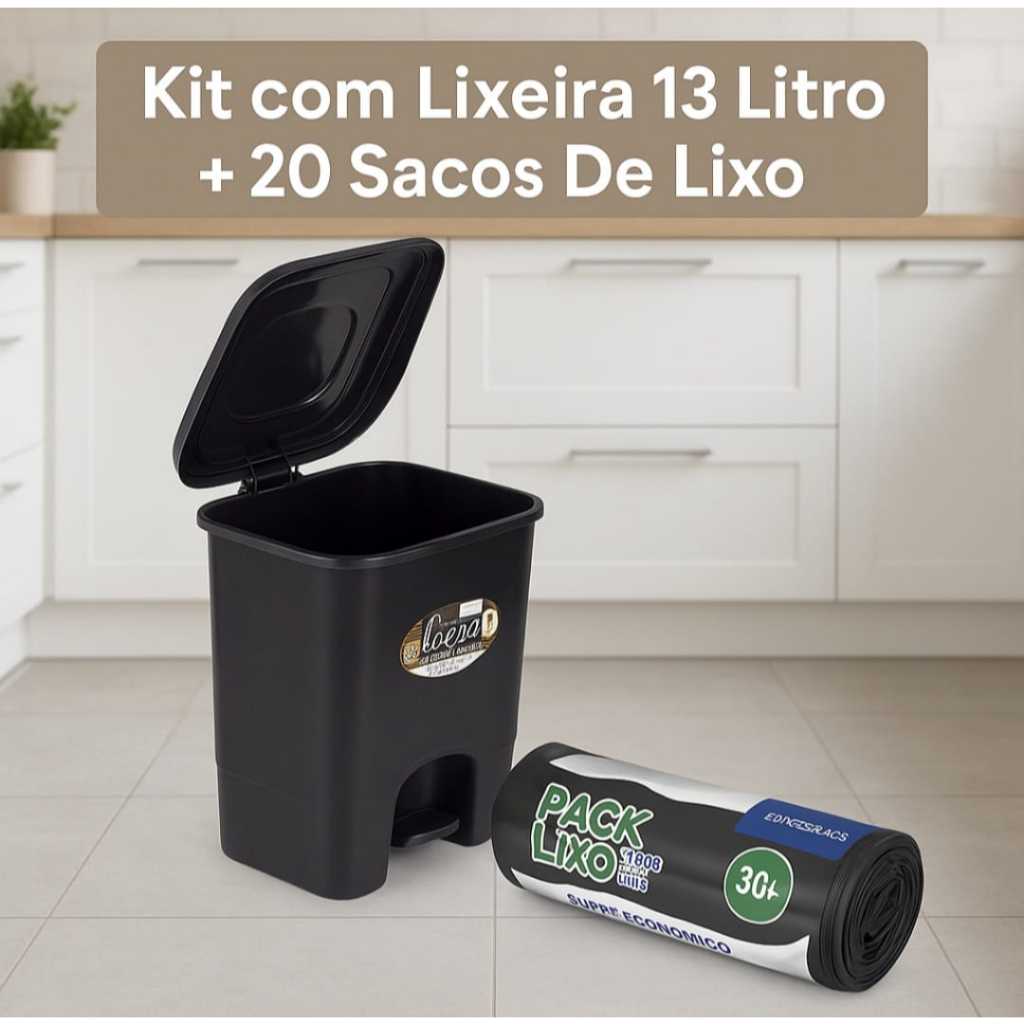 Kit Com 1 Lixeira 13 Litros Com Tampa E Pedal + 20 Sacos Lixo 30 Litros Cozinha Banheiro Otima  Qualidade Pack Lixo