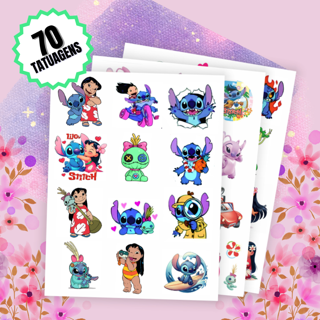 70 Tatuagens Temporárias Stitch Infantis | Tatuagem Temporária Festa em Oferta na Shopee