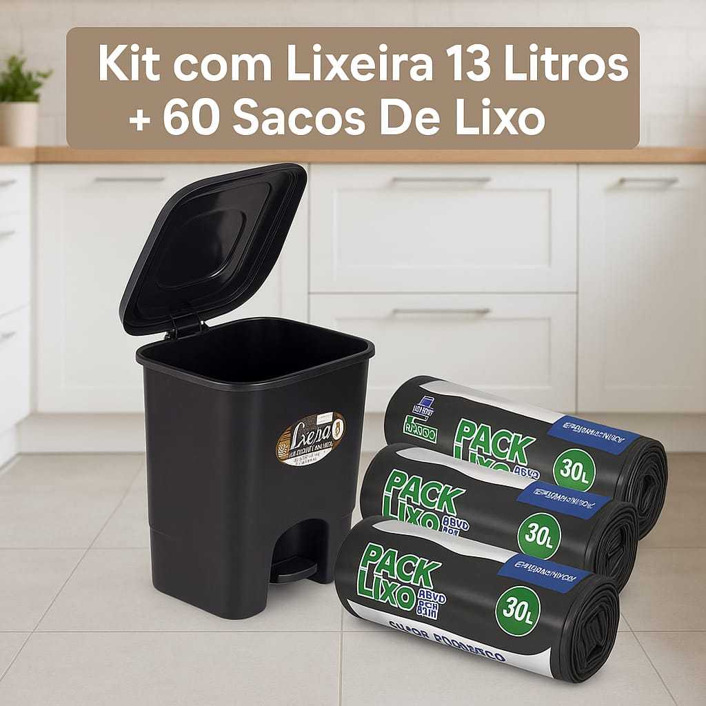 1 Lixeira 13 Litros Quadrada Tampa Pedal Resistente  +  +60 Sacos Lixo 30 Litros Inibe Odores Bobina Picotada Limpeza