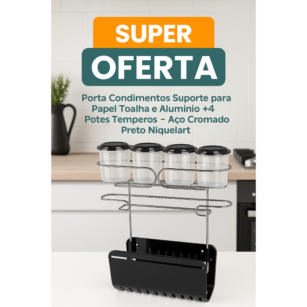 Porta Condimentos Suporte para Papel Toalha e Alumínio +4 Potes Temperos–Aço Cromado Preto Niquelart