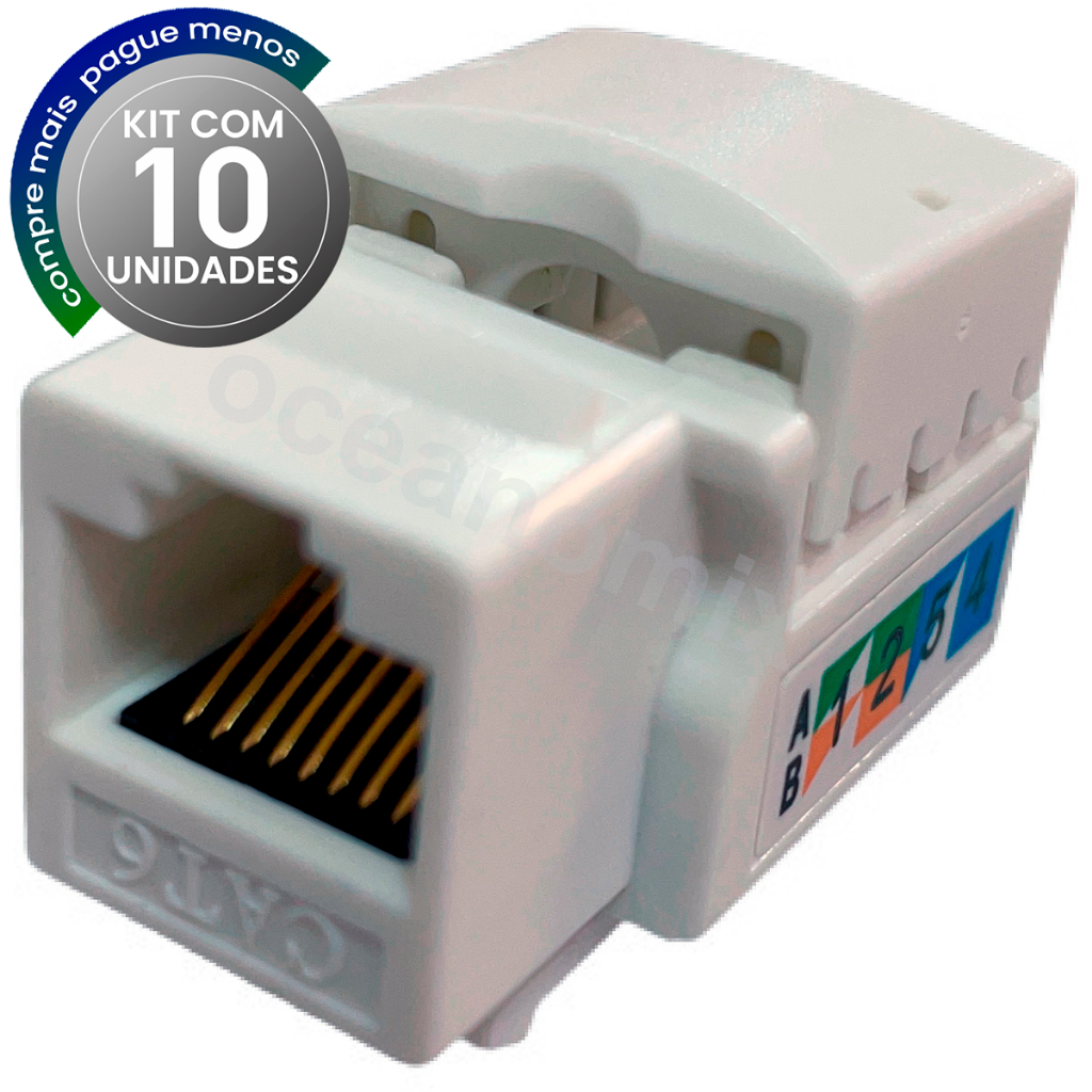 KIT 10 PCS - Conector Rj45 Femea Cat6 UTP GIGABITE Branco Keystone - LINK+