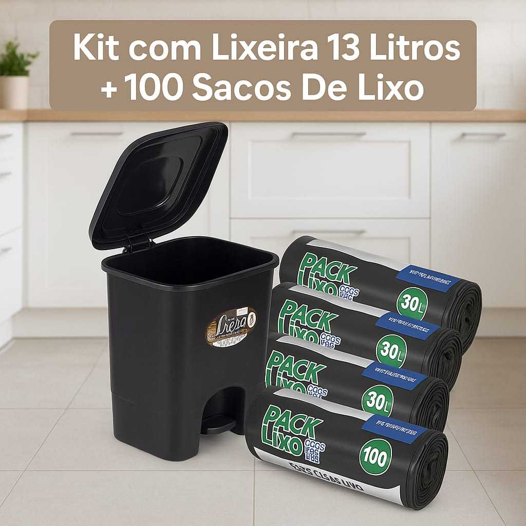 1 Lixeira 13 Litros Quadrada Tampa Pedal + 100 Sacos Lixo 30 Litros Pia Banheiro Cozinha  Inibe Odores Bobina Picotada
