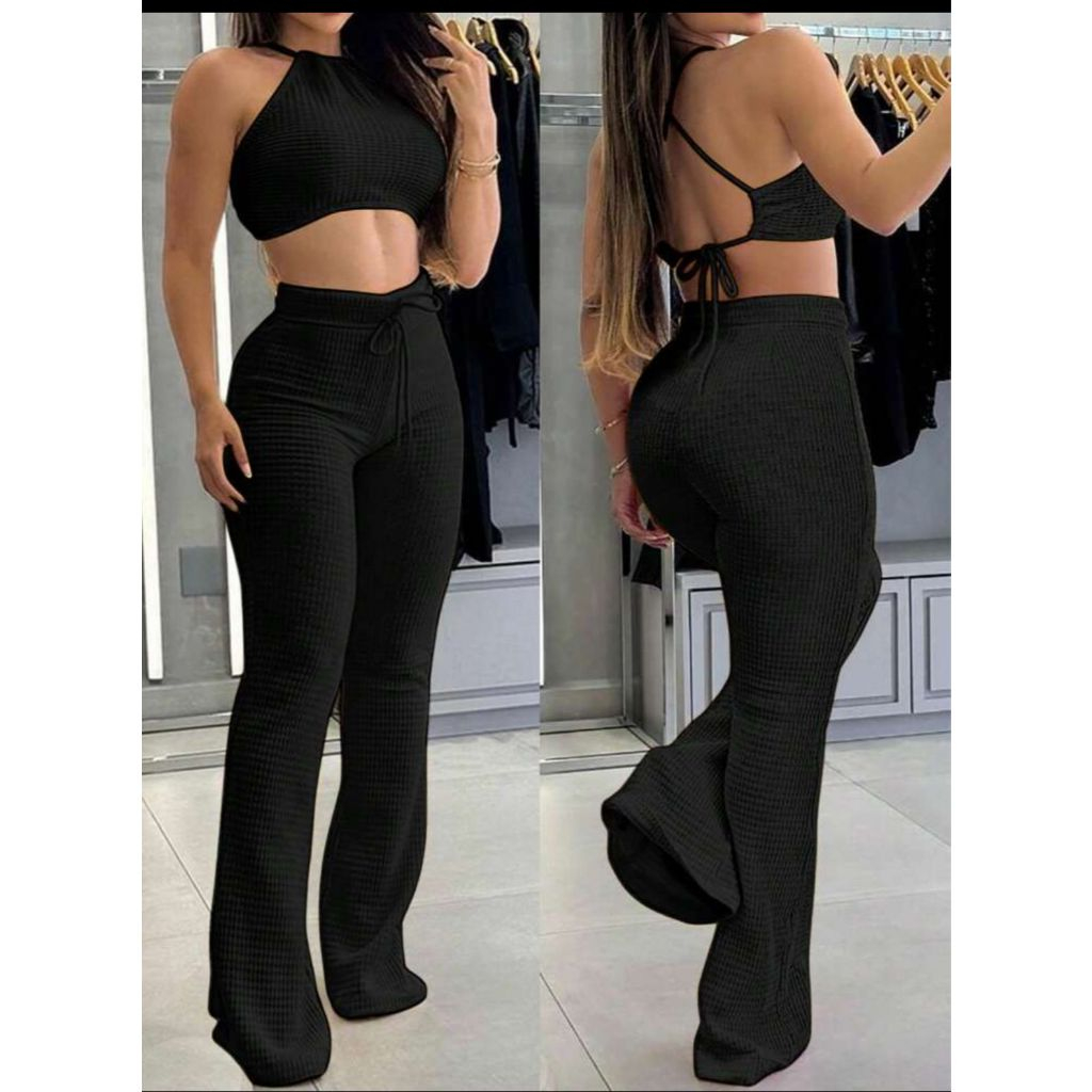 Conjunto Feminino Malibu Top Frente Única com Bojo e Calça Flare Sofisticação Tendência Atemporal em Oferta na Shopee