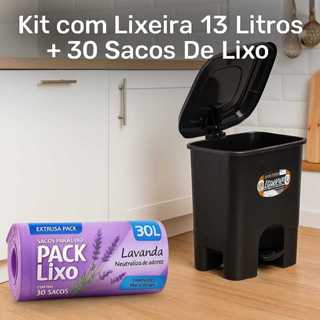 Kit Com 30 Sacos Lixo Banheiro Cozinha Lavanda  30 Litros + 1 Lixeira  13 Litros Tampa E Pedal Quadrada Praticidade em Oferta na Shopee