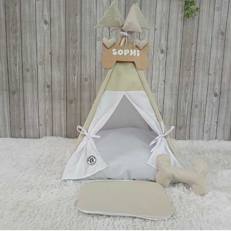 Cabana Personalizada Pet Bege Branco Mini Ossinho Brinquedo Caes Cachorros Courino