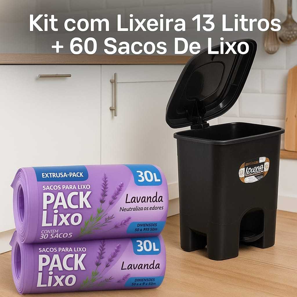 Kit Com 1 Lixeira 13 Litros Com Tampa E Pedal + 60 Sacos Lixo Lavanda Inibe Odores  30 Litros Banheiro Cozinha Economico
