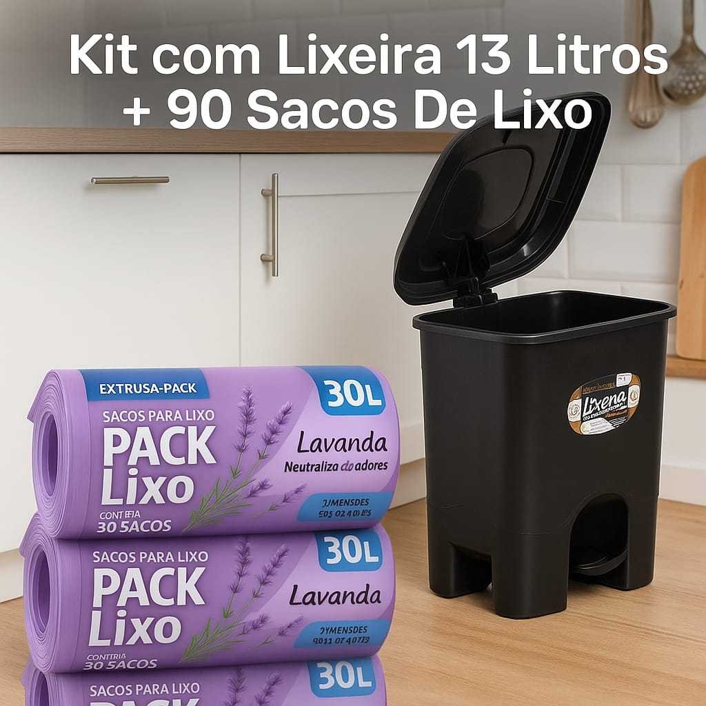 1 Lixeira Com Pedal Tampa 13 Litros Quadrada  + 90 Sacos Lixo Lavanda 30 Litros Pia Banheiro Cozinha Bobina Picotada