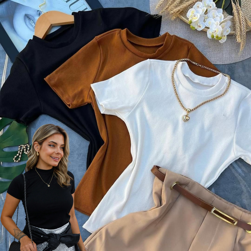 Kit 3 Camiseta Feminina Básica Ribana Canelada Premium Blusa Feminina Casual blusa feminina basica