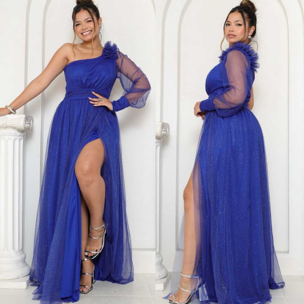 Vestido Longo Festa Tule Brilho Um Ombro Fenda Floral Elegante Casamento Formatura em Oferta na Shopee