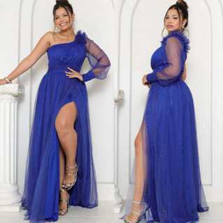 Vestido Longo Festa Tule Brilho Um Ombro Fenda Floral Elegante Casamento Formatura em Oferta na Shopee