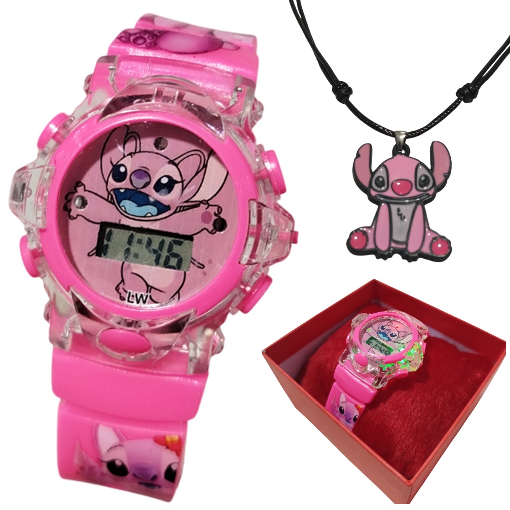 Angel Stitch Rosa Relógio musical luminoso luzes com colar Angel Stitch relógio digital eletrônico