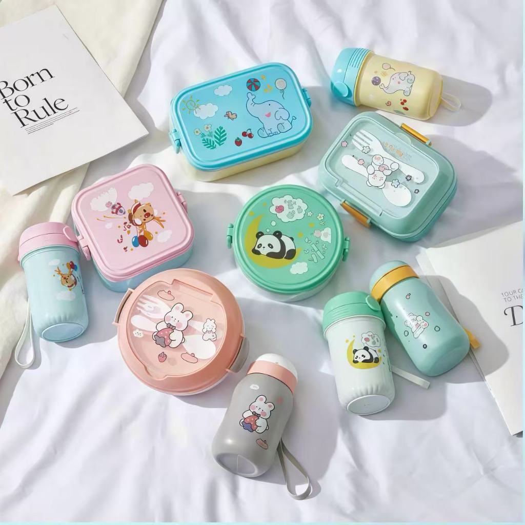 Kit Marmita Lancheira Infantil com Talheres de Plástico e Garrafa de 400ml com Canudo Para Escolar