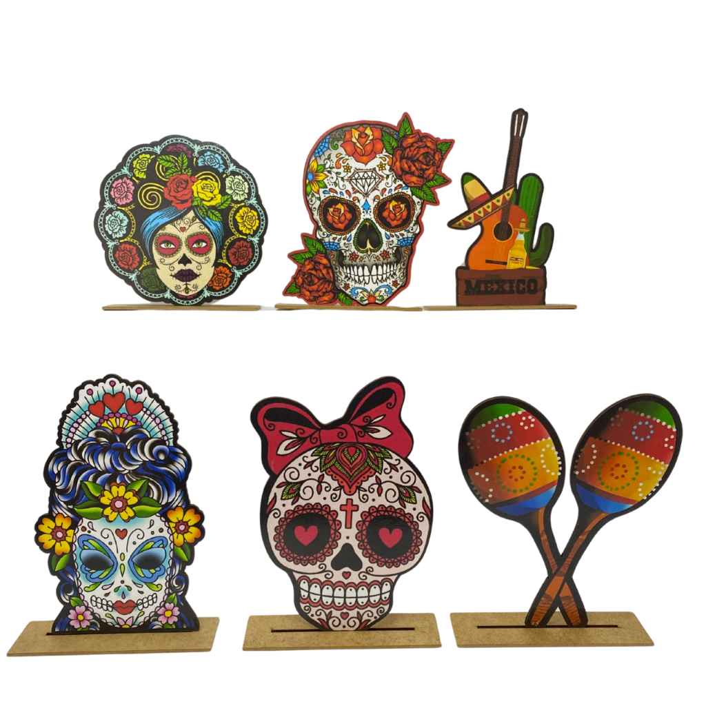 Kit Display de Mesa 6 Peças Festa Caveira Mexicana Femi MDF em Oferta na Shopee