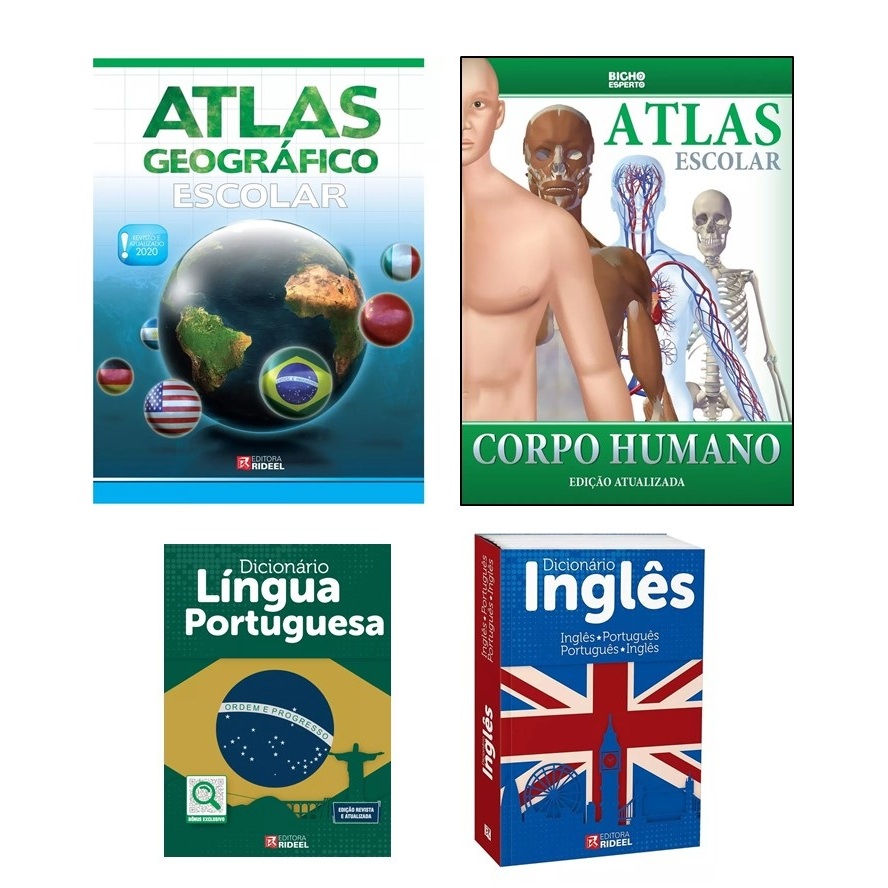 Kit Escolar Atlas de Anatomia E Geográfico+ Dicionários Inglês e Português Tradicional ou Ilustrados