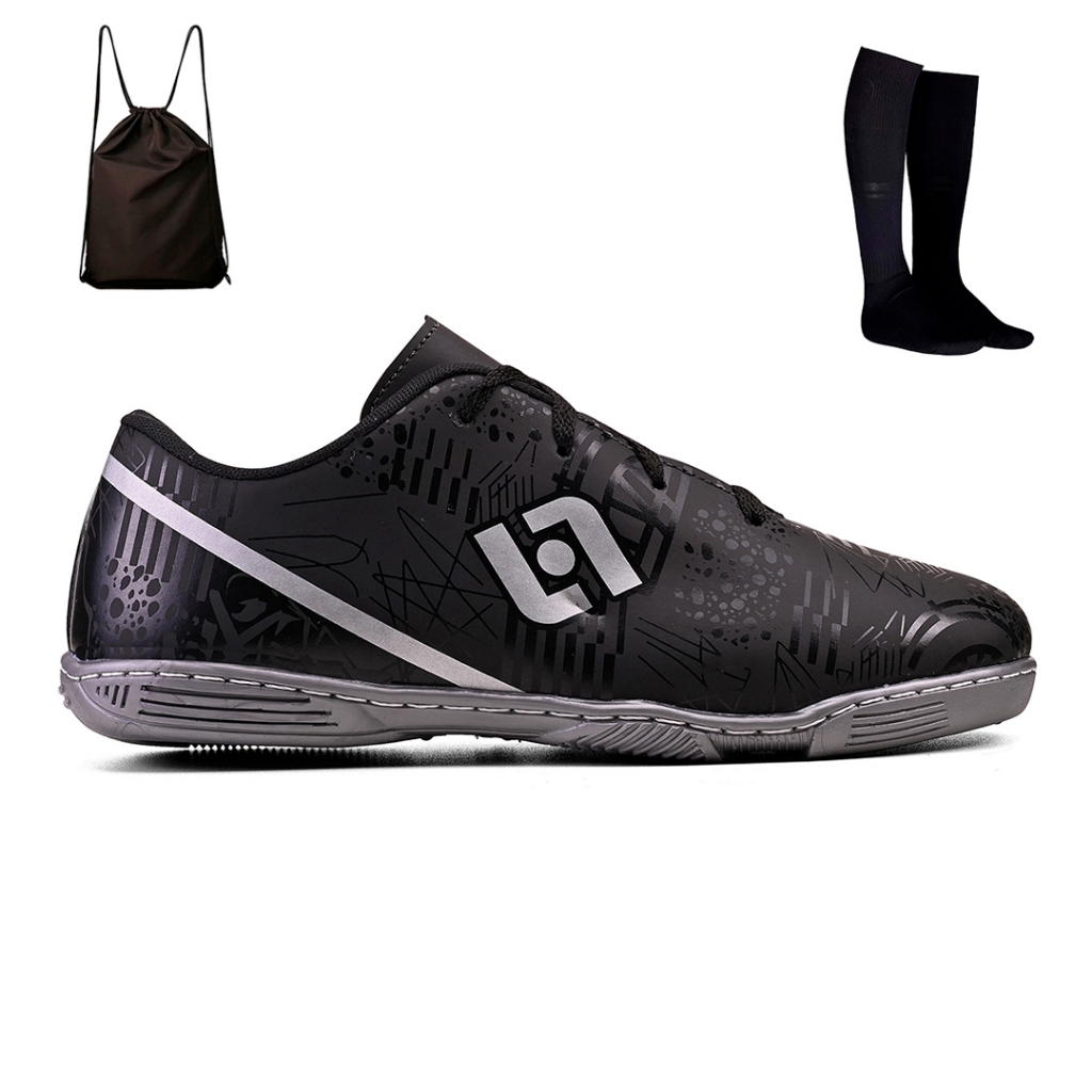 Kit Chuteira Masculina Indoor Quadra Futebol Salao Costurada + Mochila e Meiao