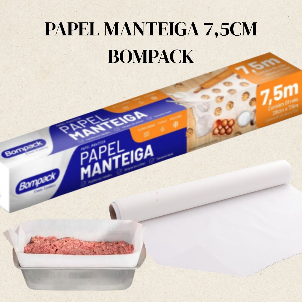 2 ROLOS PAPEL MANTEIGA BOMPACK IDEAL PARA FORRAR ASSAR ALIMENTOS 7,5 METROS CADA
