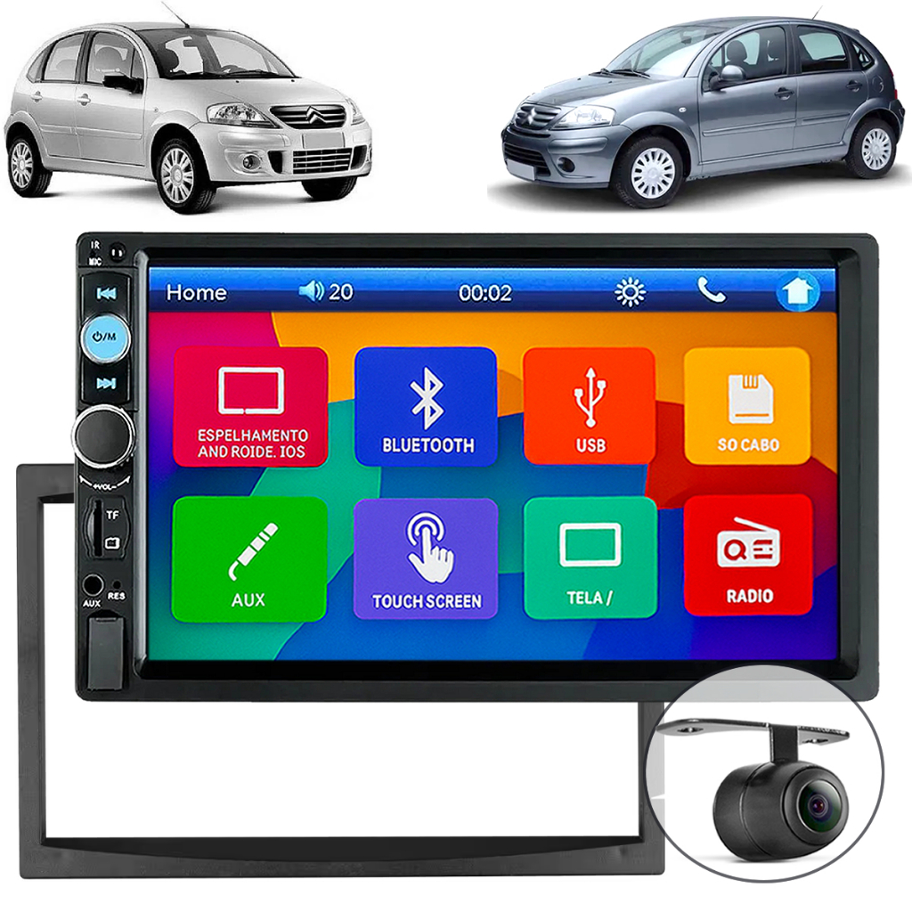 Central Multimídia MP5 Automotivo p/ Citroen C3 2002 À 2012 + Câmera de Ré + Moldura 7pol.