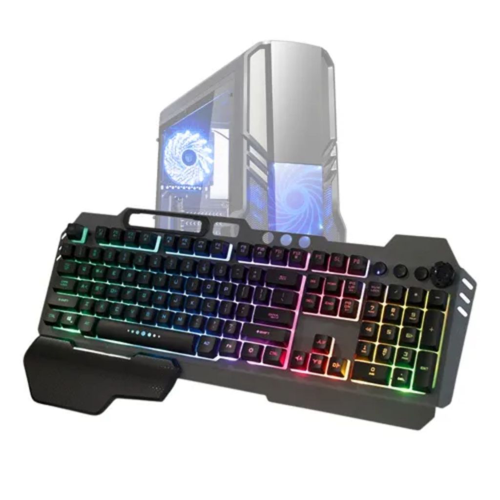 Teclado Gamer Com LED RGB Rainbow Chapa de Ferro Metálica Apoio Para as Mãos Largo + Suporte para Celular com Fio USB