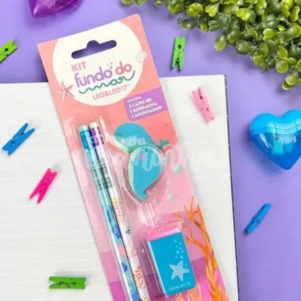 Kit Lápis de Escrever Leo&Leo Fundo do Mar com 2 Lápis HB + Apontador e Borracha