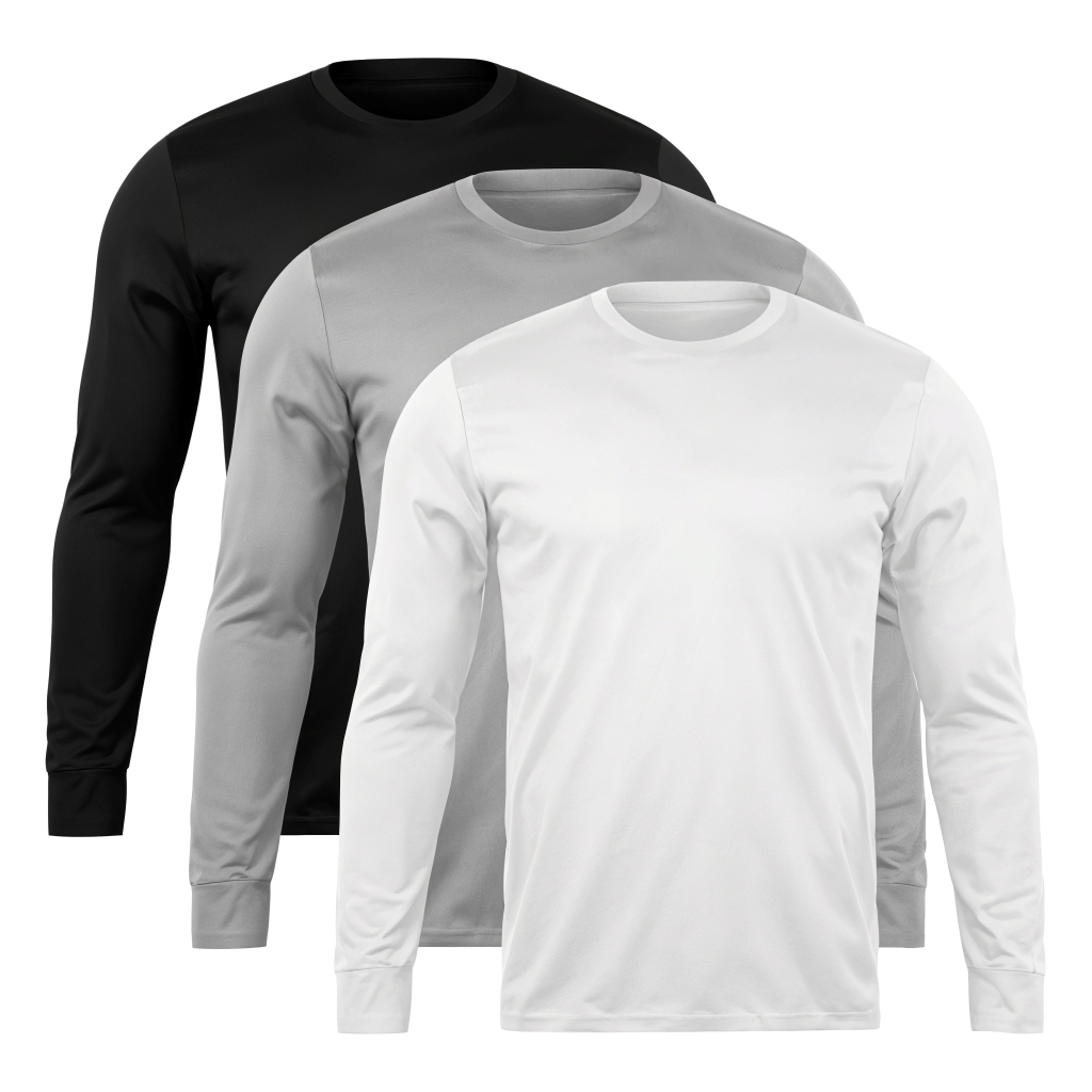 Kit 3 Camiseta Masculina Manga Longa Malha Fria Preto Cinza e Branco Treino Academia Festa...