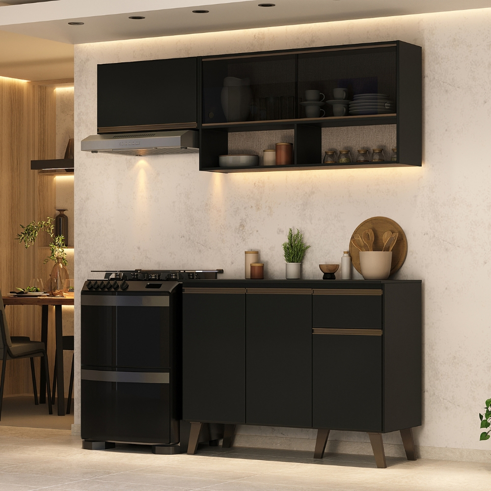 Armário de Cozinha Compacta Atlanta Kitch Carraro Preto Touch em Oferta na Shopee