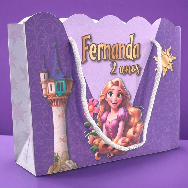 10 Sacolinhas Ondulada Personalizadas Festa Rapunzel Enrolados Roxo (20x15x5,5cm)