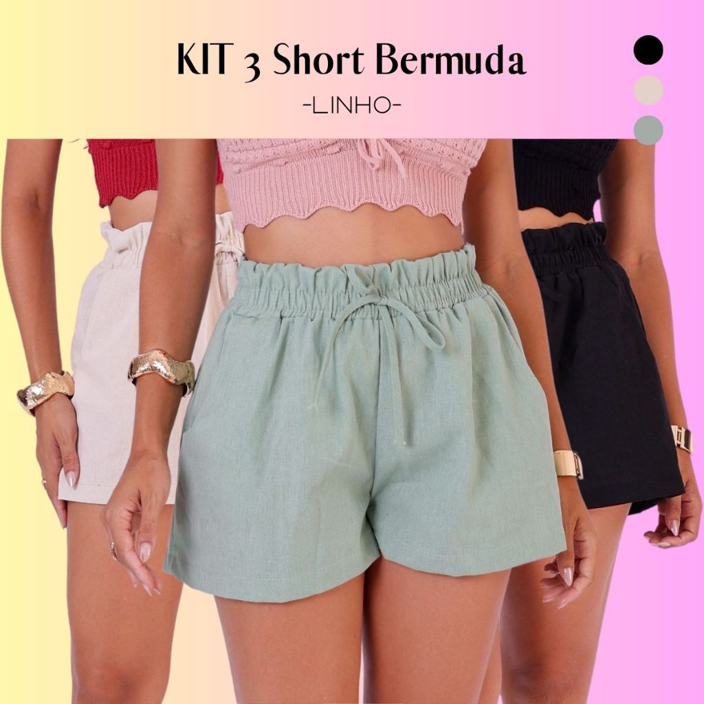 Kit 3 Short Bermuda Feminino Em Linho Cintura Alta Com Elástico Verão