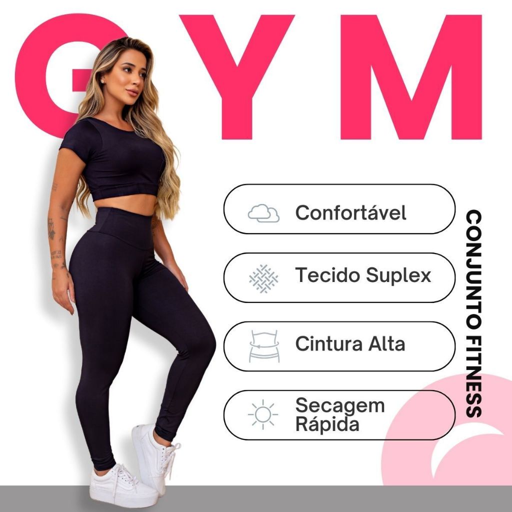 Conjunto Top Cropped Fitness Suplex Calça LeggingCintura Alta Academia Feminino Suplex Confortável