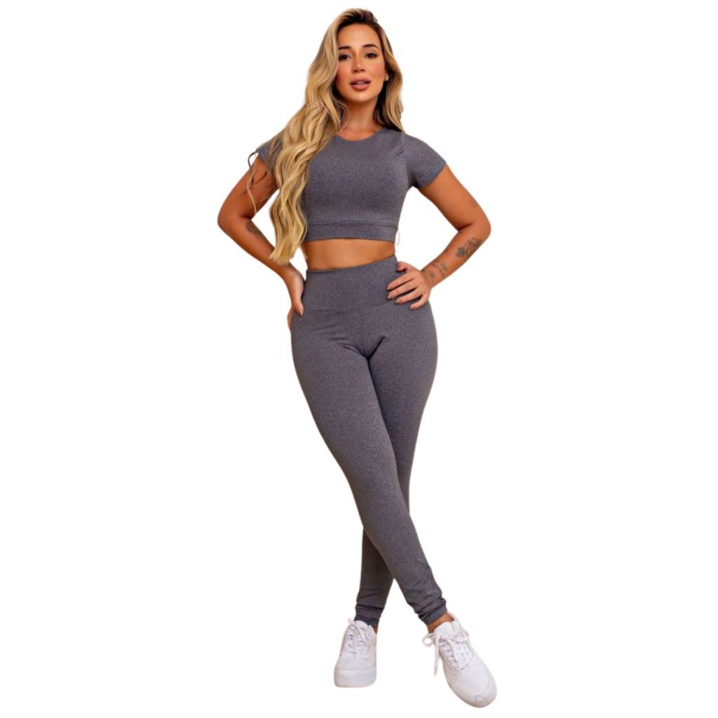 Conjunto Top Cropped Suplex Calça Legging Cintura Alta Fitness Academia Feminino Suplex Confortável